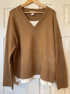 Oversized Camel Brown Faux Layered V-Neck Knit Cozy Sweater White Shirt Trim XL